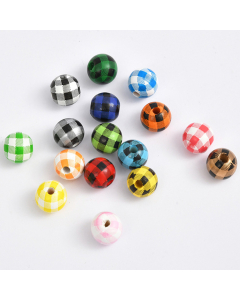100pcs 16mm check printed round wood beads