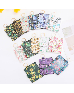 floral print PU card wallet with a key ring