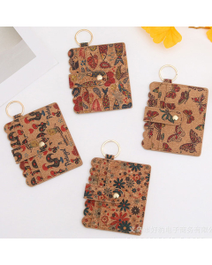 10pcs Portuguese Cork Vintage Pattern Card Wallets, Each with a Key Ring